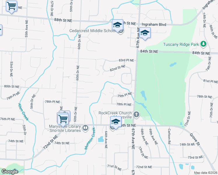 map of restaurants, bars, coffee shops, grocery stores, and more near 8014 64th Drive Northeast in Marysville