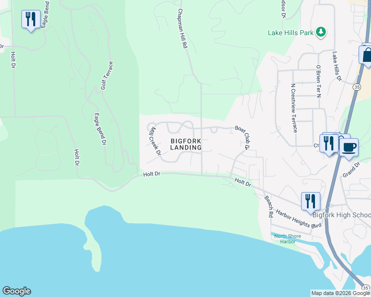 map of restaurants, bars, coffee shops, grocery stores, and more near Broken Choker Lane in Bigfork