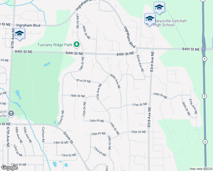 map of restaurants, bars, coffee shops, grocery stores, and more near 8119 77th Avenue Northeast in Marysville