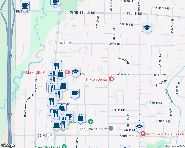 map of restaurants, bars, coffee shops, grocery stores, and more near 4521 80th Street Northeast in Marysville