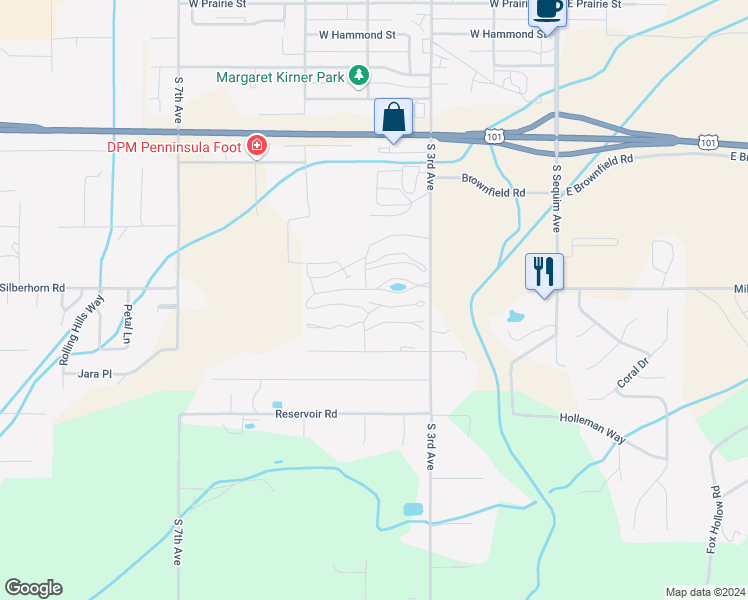 map of restaurants, bars, coffee shops, grocery stores, and more near 1301 South 3rd Avenue in Sequim