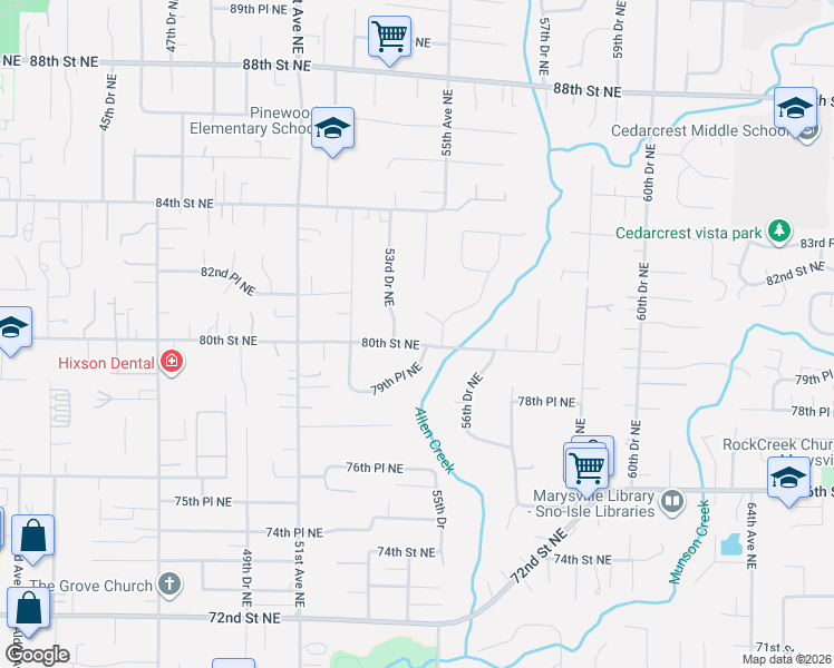 map of restaurants, bars, coffee shops, grocery stores, and more near 5427 81st Street Northeast in Marysville