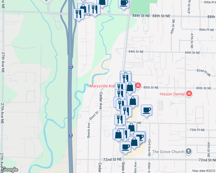 map of restaurants, bars, coffee shops, grocery stores, and more near 3805 80th Street Northeast in Marysville