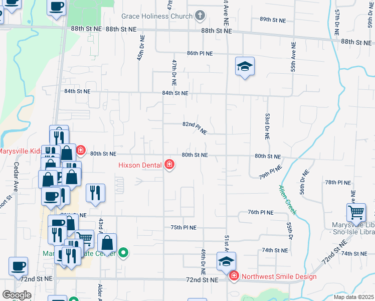 map of restaurants, bars, coffee shops, grocery stores, and more near 4803A 80th Street Northeast in Marysville