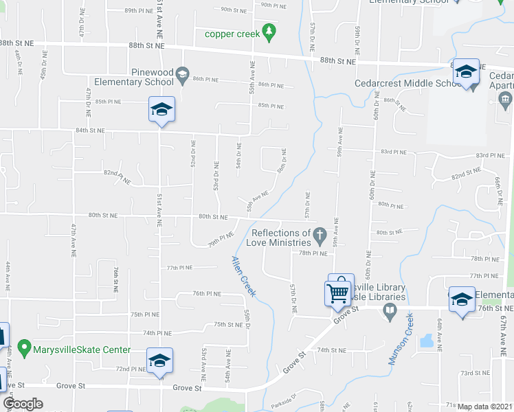 map of restaurants, bars, coffee shops, grocery stores, and more near 8111 55th Avenue Northeast in Marysville