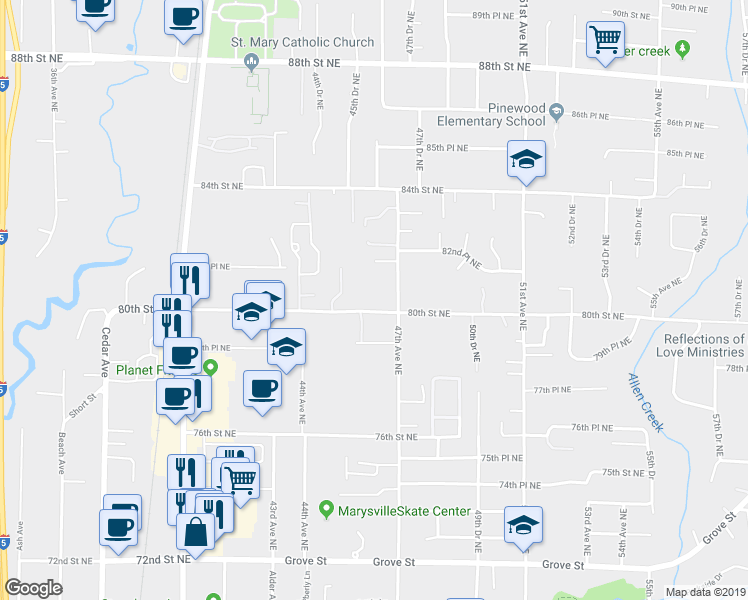 map of restaurants, bars, coffee shops, grocery stores, and more near 4529 80th Street Northeast in Marysville