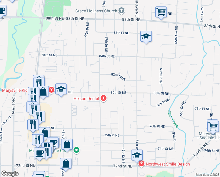 map of restaurants, bars, coffee shops, grocery stores, and more near 4803A 80th Street Northeast in Marysville
