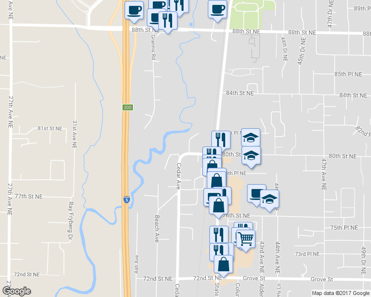 map of restaurants, bars, coffee shops, grocery stores, and more near 3805 80th Street Northeast in Marysville