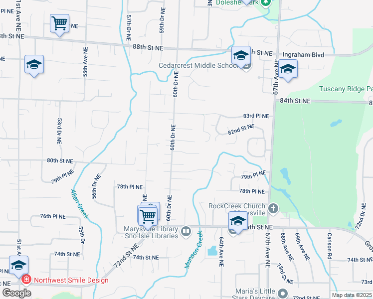 map of restaurants, bars, coffee shops, grocery stores, and more near 6115 80th Place Northeast in Marysville