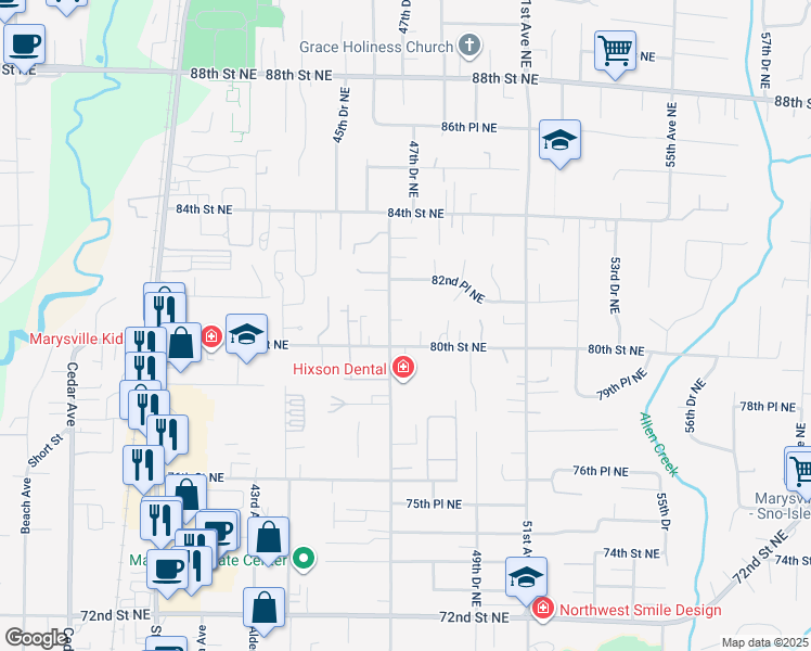 map of restaurants, bars, coffee shops, grocery stores, and more near 8021 47th Ave NE in Marysville