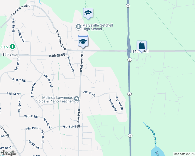 map of restaurants, bars, coffee shops, grocery stores, and more near 8505 82nd Street Northeast in Marysville