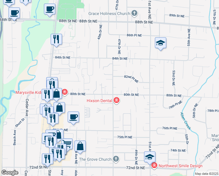map of restaurants, bars, coffee shops, grocery stores, and more near 8021 47th Avenue Northeast in Marysville