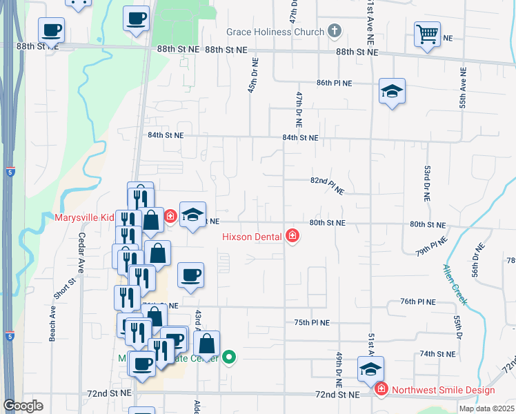 map of restaurants, bars, coffee shops, grocery stores, and more near 4529 80th Street Northeast in Marysville