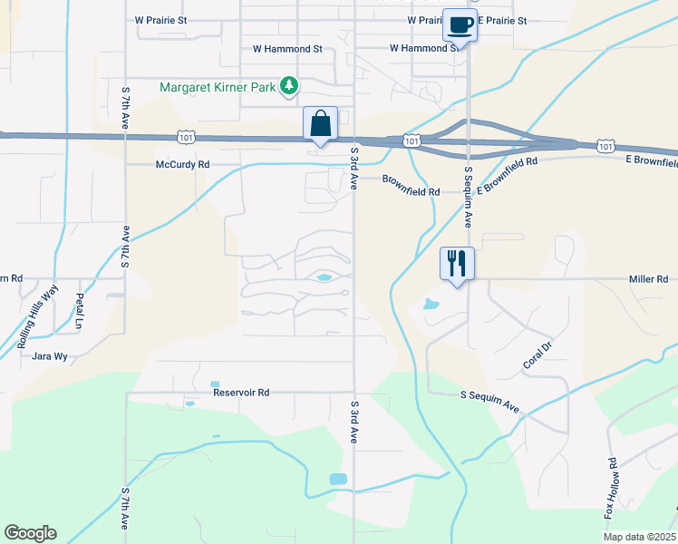 map of restaurants, bars, coffee shops, grocery stores, and more near 1301 South 3rd Avenue in Sequim