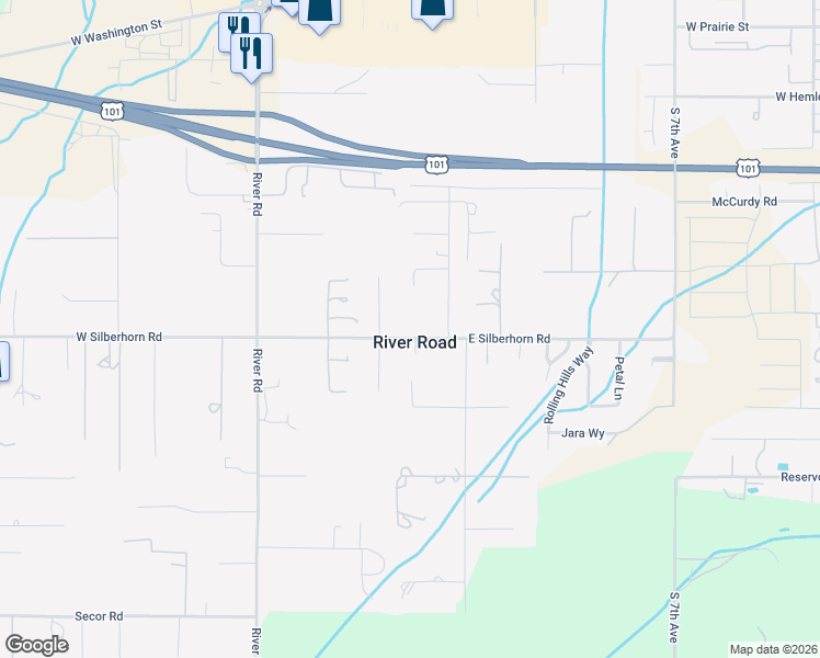 map of restaurants, bars, coffee shops, grocery stores, and more near 271 East Silberhorn Road in Sequim
