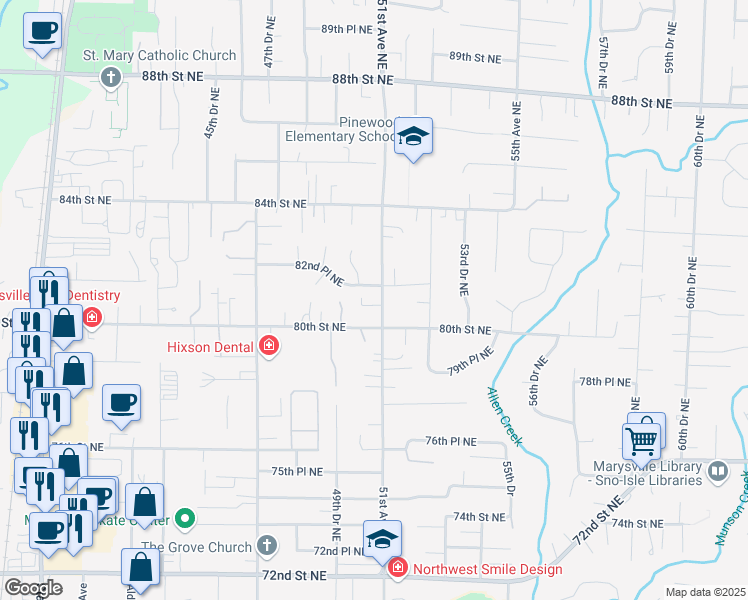 map of restaurants, bars, coffee shops, grocery stores, and more near 8026 51st Avenue Northeast in Marysville