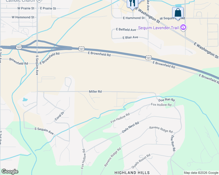 map of restaurants, bars, coffee shops, grocery stores, and more near 463 Miller Road in Sequim