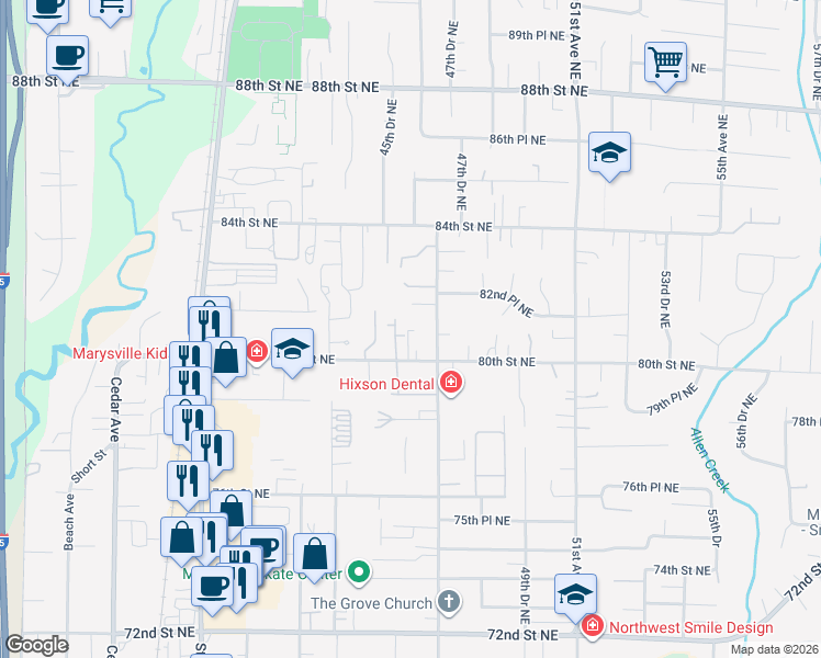 map of restaurants, bars, coffee shops, grocery stores, and more near 4529 80th Street Northeast in Marysville