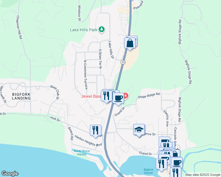 map of restaurants, bars, coffee shops, grocery stores, and more near 103 Crestview Drive in Bigfork