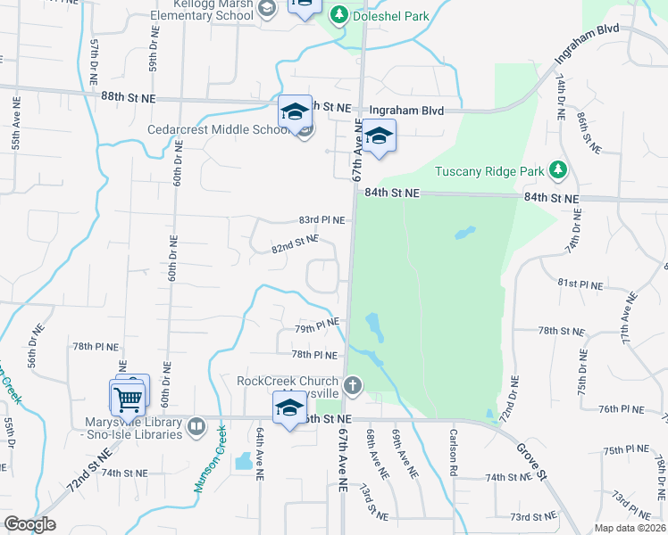 map of restaurants, bars, coffee shops, grocery stores, and more near 8020 66th Drive Northeast in Marysville
