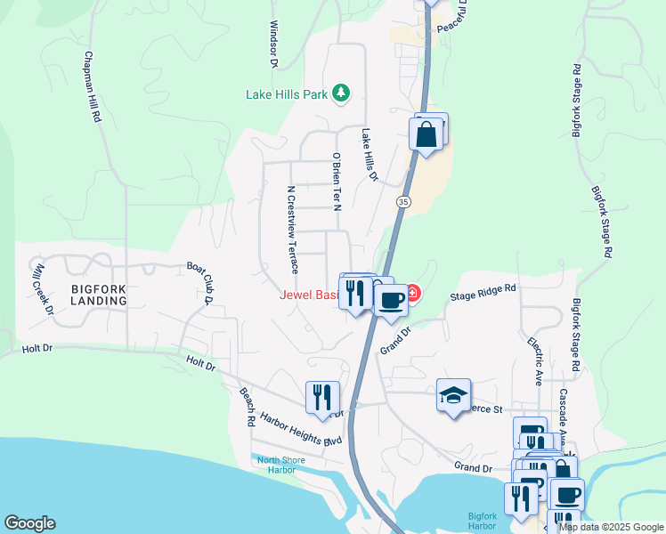 map of restaurants, bars, coffee shops, grocery stores, and more near 102 Sunrise Terrace in Bigfork