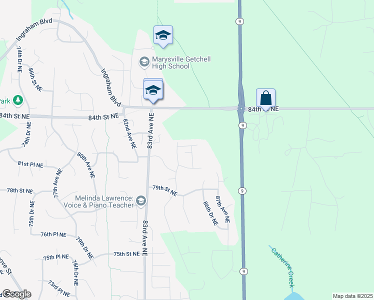 map of restaurants, bars, coffee shops, grocery stores, and more near 8505 82nd Street Northeast in Marysville