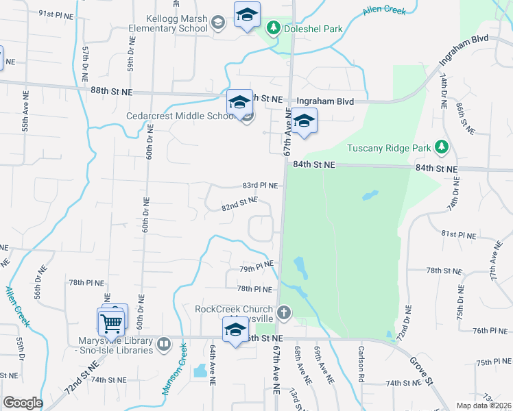 map of restaurants, bars, coffee shops, grocery stores, and more near 6501 82nd Street Northeast in Marysville