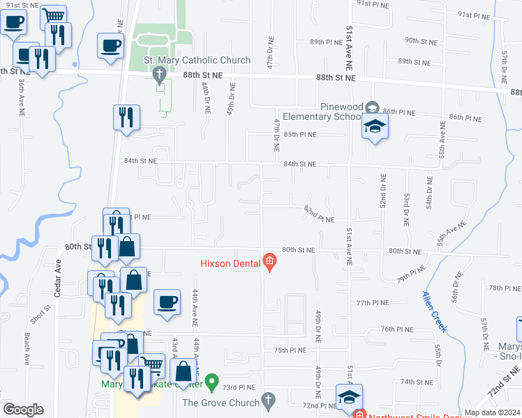 map of restaurants, bars, coffee shops, grocery stores, and more near 8215 47th Avenue Northeast in Marysville