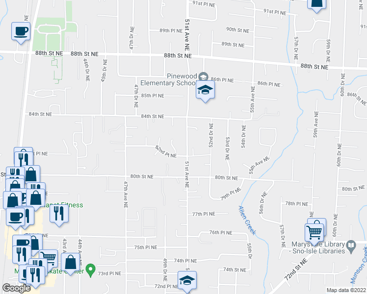 map of restaurants, bars, coffee shops, grocery stores, and more near 8202 51st Avenue Northeast in Marysville