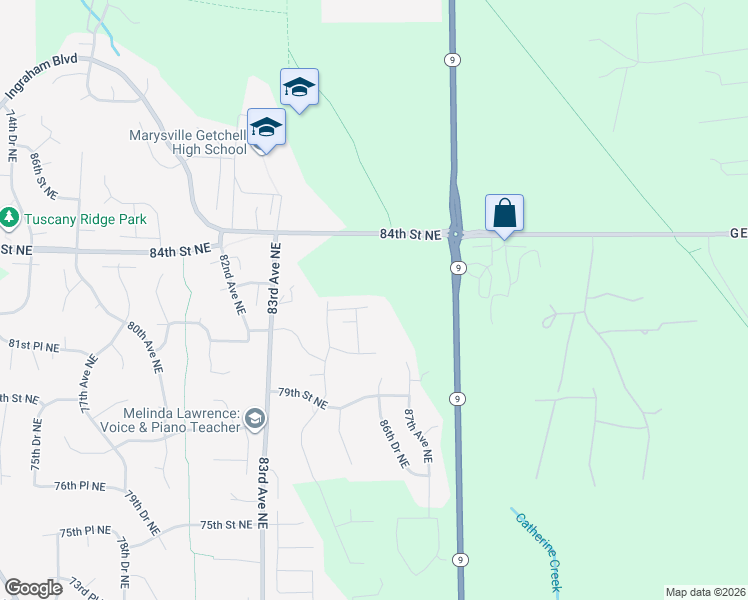 map of restaurants, bars, coffee shops, grocery stores, and more near 8651 83rd Street Northeast in Marysville