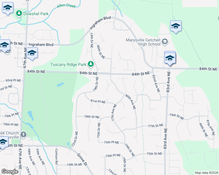 map of restaurants, bars, coffee shops, grocery stores, and more near 7516 83rd Place Northeast in Marysville