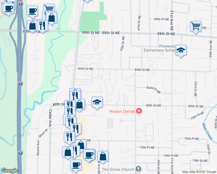 map of restaurants, bars, coffee shops, grocery stores, and more near 4401 80th Street Northeast in Marysville