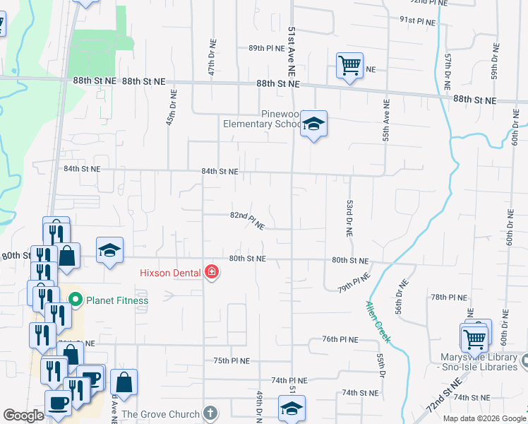 map of restaurants, bars, coffee shops, grocery stores, and more near 8215 49th Avenue Northeast in Marysville
