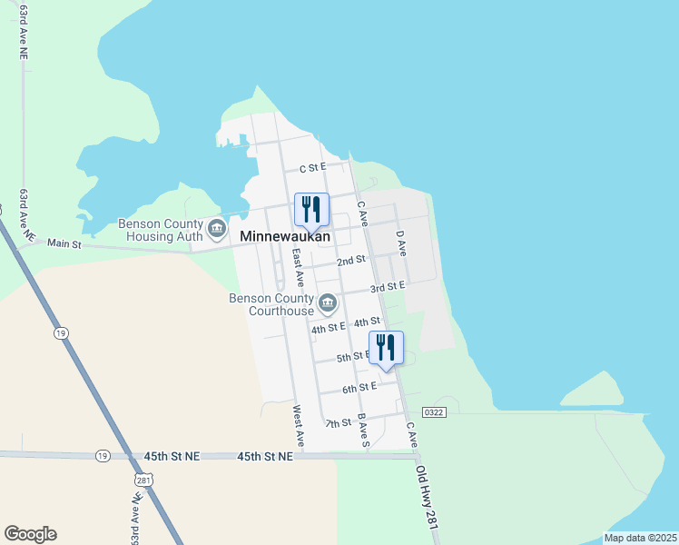 map of restaurants, bars, coffee shops, grocery stores, and more near B Avenue in Minnewaukan