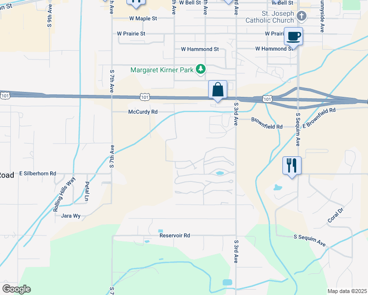 map of restaurants, bars, coffee shops, grocery stores, and more near 1000 S 5th Ave in Sequim