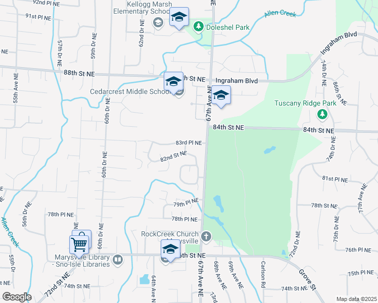 map of restaurants, bars, coffee shops, grocery stores, and more near 6501 82nd Street Northeast in Marysville