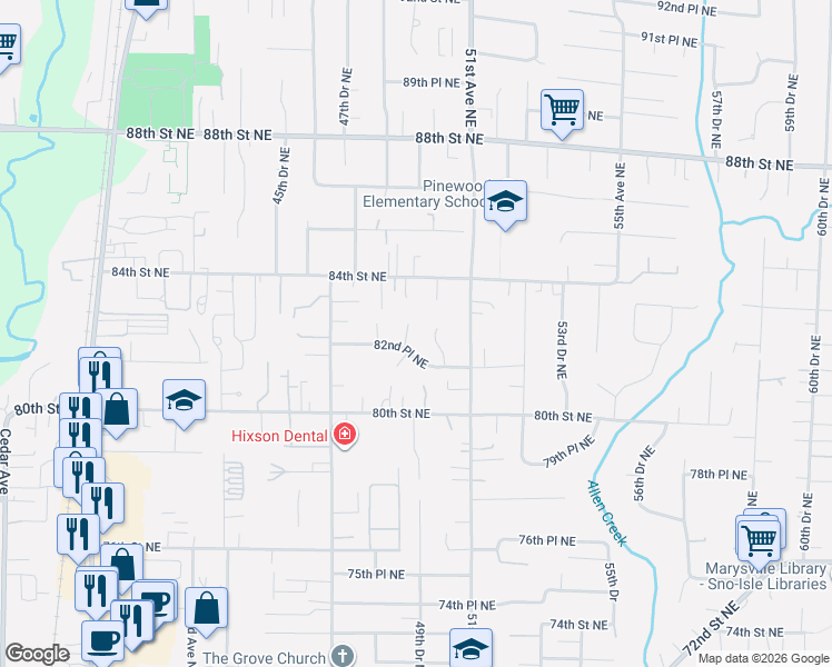 map of restaurants, bars, coffee shops, grocery stores, and more near 8215 49th Avenue Northeast in Marysville