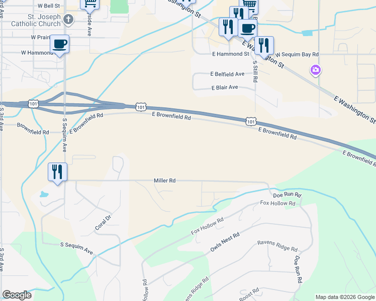 map of restaurants, bars, coffee shops, grocery stores, and more near 463 Miller Rd in Sequim