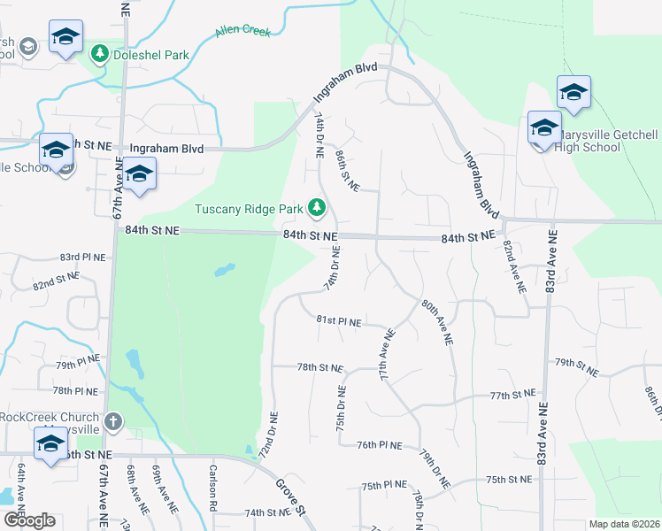 map of restaurants, bars, coffee shops, grocery stores, and more near 8300 74th Drive Northeast in Marysville