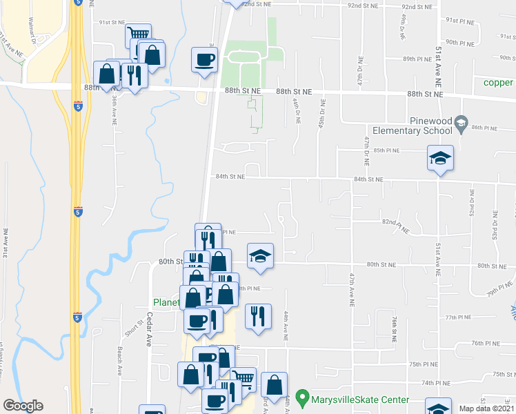 map of restaurants, bars, coffee shops, grocery stores, and more near 8110 43rd Avenue Northeast in Marysville