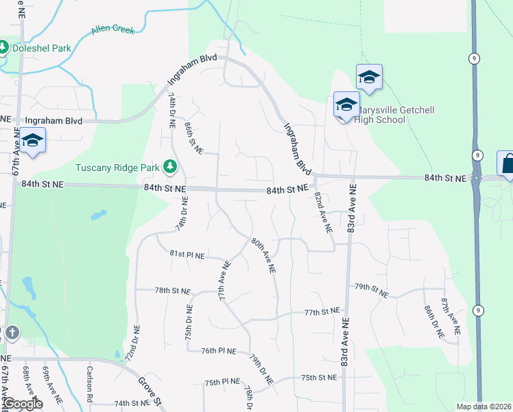 map of restaurants, bars, coffee shops, grocery stores, and more near 8218 77th Avenue Northeast in Marysville