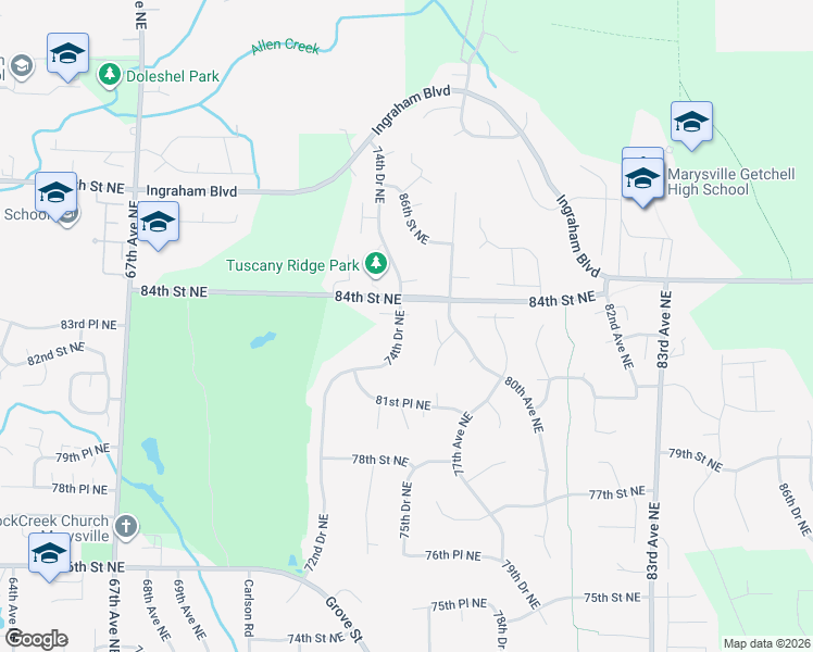 map of restaurants, bars, coffee shops, grocery stores, and more near 8300 74th Drive Northeast in Marysville