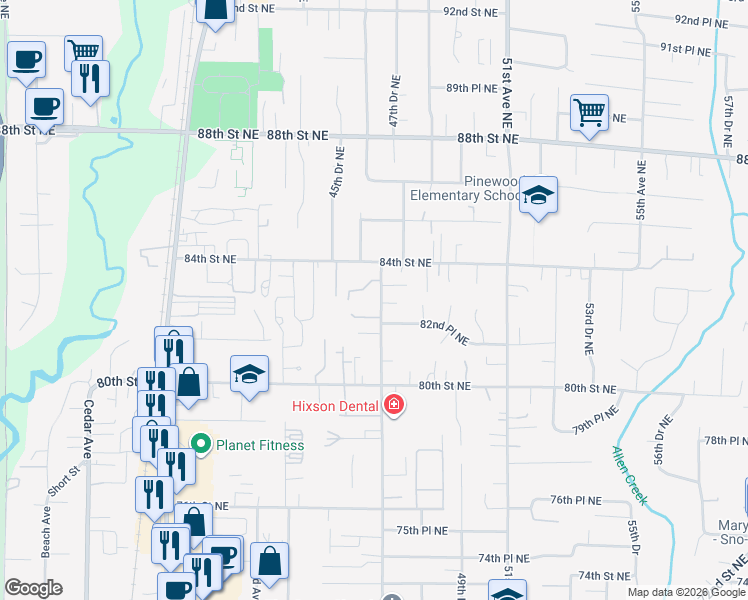 map of restaurants, bars, coffee shops, grocery stores, and more near 8215 47th Avenue Northeast in Marysville