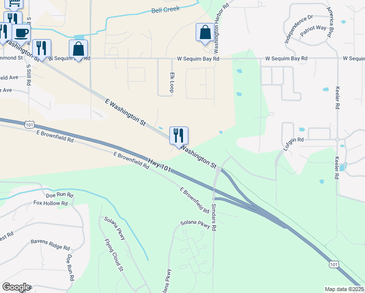 map of restaurants, bars, coffee shops, grocery stores, and more near 1441 East Washington Street in Sequim