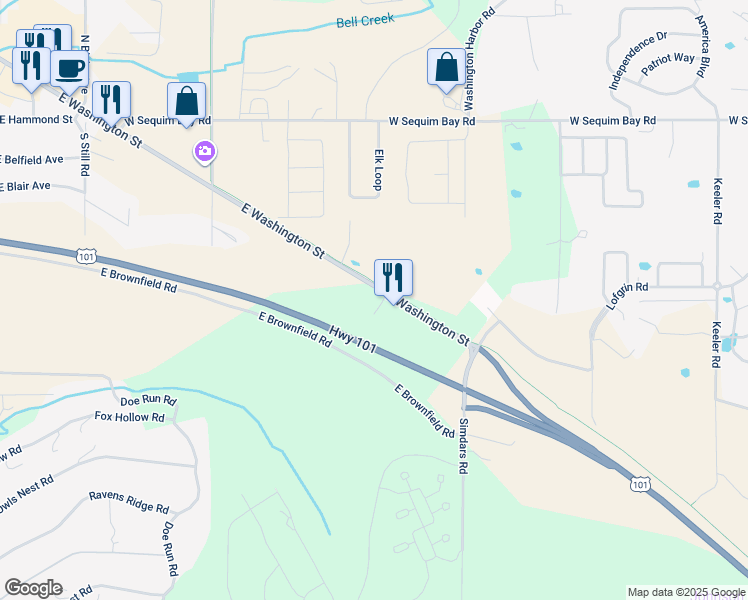 map of restaurants, bars, coffee shops, grocery stores, and more near 1441 East Washington Street in Sequim