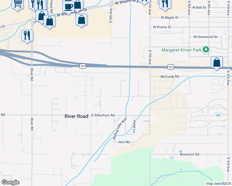 map of restaurants, bars, coffee shops, grocery stores, and more near 201-203 Daisy Ln in Sequim