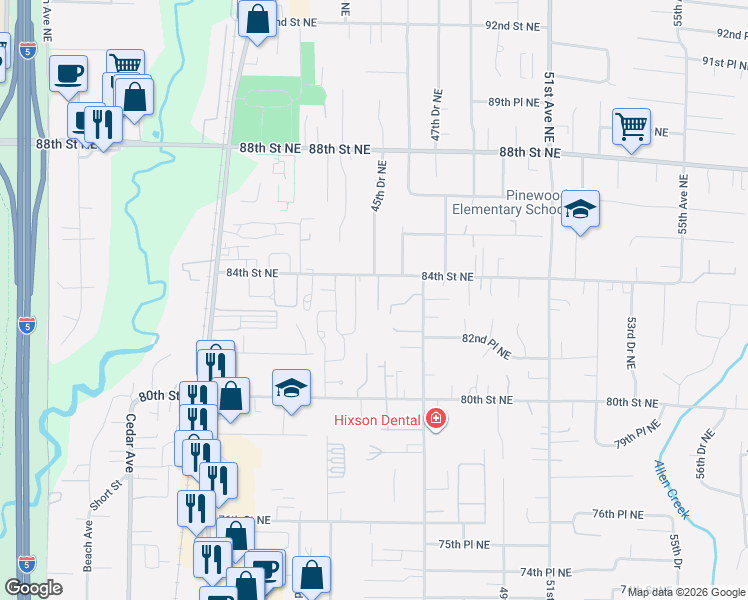 map of restaurants, bars, coffee shops, grocery stores, and more near 4508 84th Street Northeast in Marysville