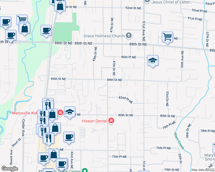 map of restaurants, bars, coffee shops, grocery stores, and more near 8304 47th Avenue Northeast in Marysville