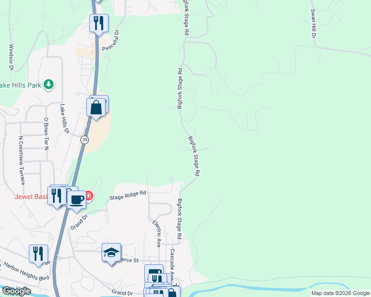 map of restaurants, bars, coffee shops, grocery stores, and more near 1050 Bigfork Stage Rd in Bigfork