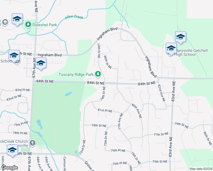 map of restaurants, bars, coffee shops, grocery stores, and more near 7506 84th Place Northeast in Marysville